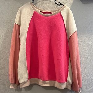 Vibrant Pink and Cream Women's Crew Neck Sweater